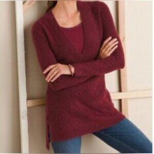 Chico’s Herringbone Cranberry Burgundy Tunic Sweater with Deep V-Neck Medium